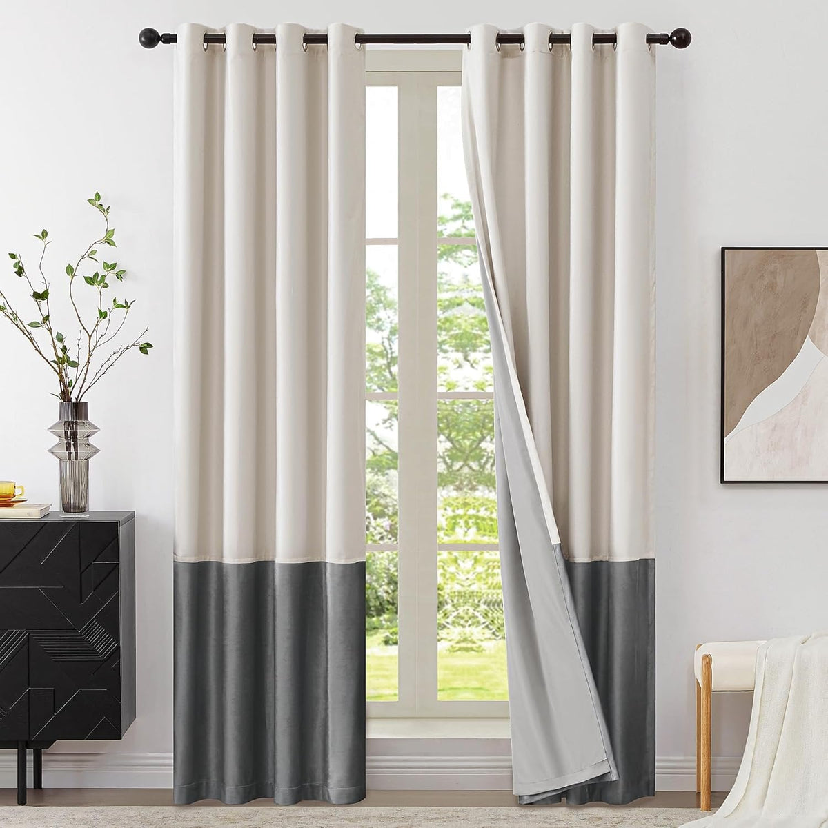 Premium Velvet Blackout Curtains Cream & Grey ( 2 Curtains Set ) image 0