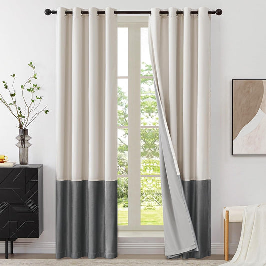 Premium Velvet Blackout Curtains Cream & Grey ( 2 Curtains Set ) image 0