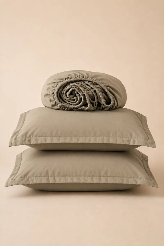 TAUPE SOLID COTTON FITTED BEDSHEET - 3PCS image 0