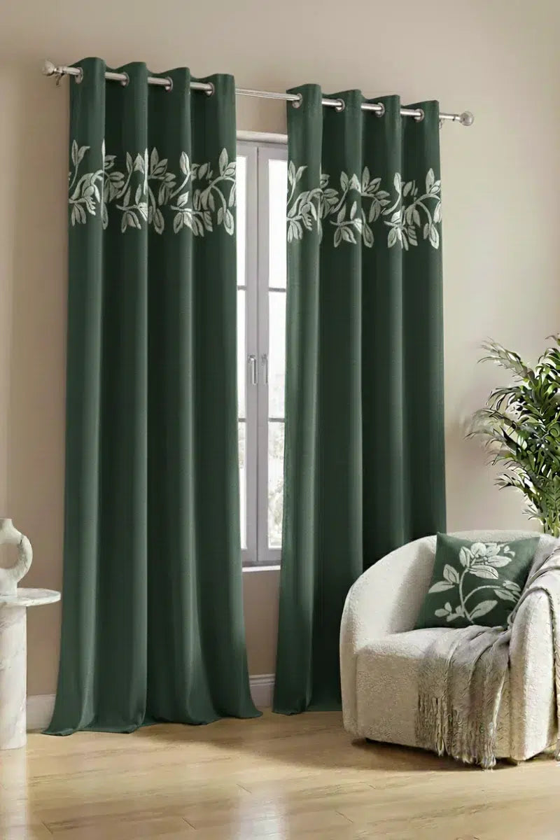 GREEN FLORAL VINE VELVET CURTAINS - SET OF 2 PANELS image 0