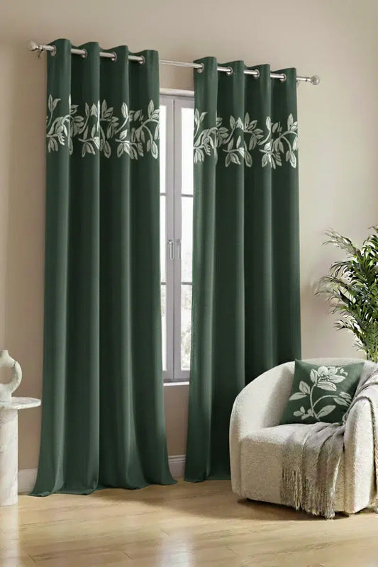 GREEN FLORAL VINE VELVET CURTAINS - SET OF 2 PANELS image 0