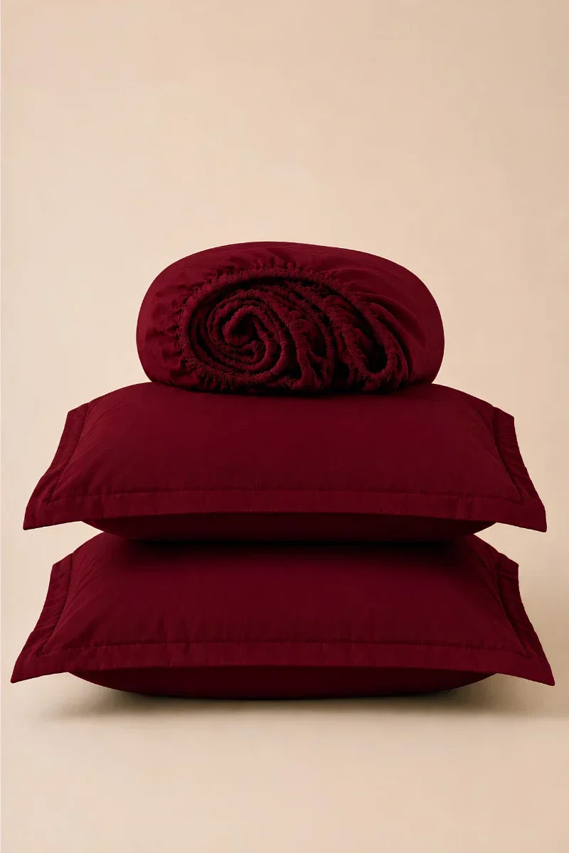 BURGUNDY WINE SOLID COTTON FITTED BEDSHEET - 3PCS image 0