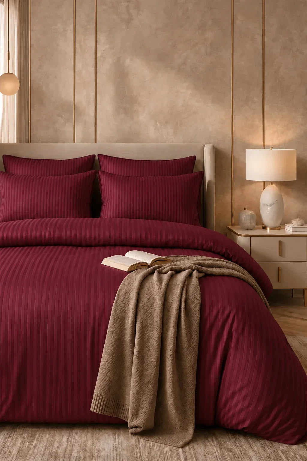 WINE RED SATIN STRIPE DUVET COVER SET - 6PCS image 0