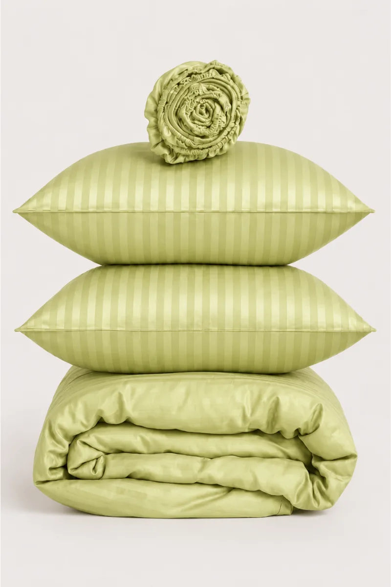 PISTACHIO GREEN SATIN STRIPE DUVET COVER SET - 6PCS image 1