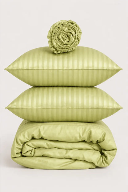 PISTACHIO GREEN SATIN STRIPE DUVET COVER SET - 6PCS image 1