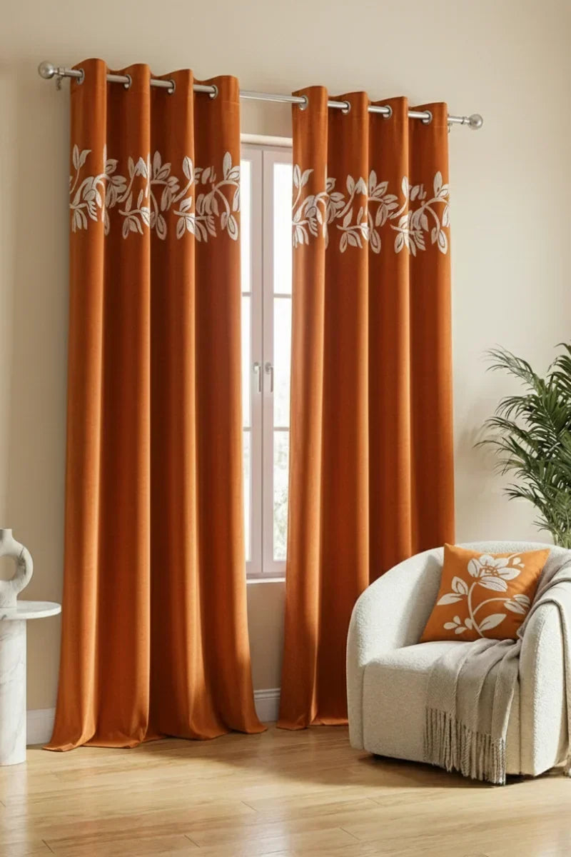 RUST ORANGE FLORAL VINE VELVET CURTAINS - SET OF 2 PANELS image 0
