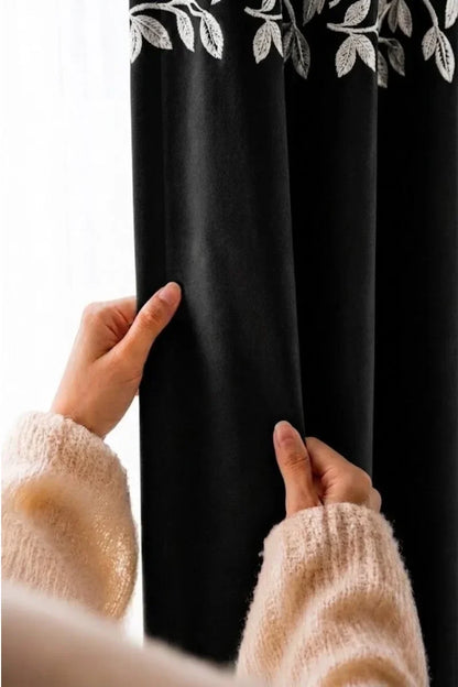 BLACK FLORAL VINE VELVET CURTAINS - SET OF 2 PANELS image 1