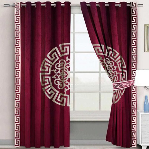 Luxury Velvet Splendid Curtains Blackout  - Maroon & White ( 7 by 7.5Feet ) image 0